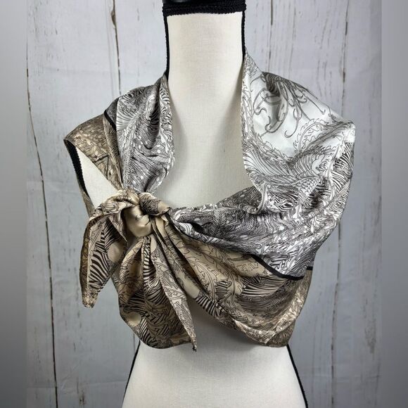 Silky Satin Beige Brown Scarf Square Printed Birds Botanical Abstract - Picture 1 of 4